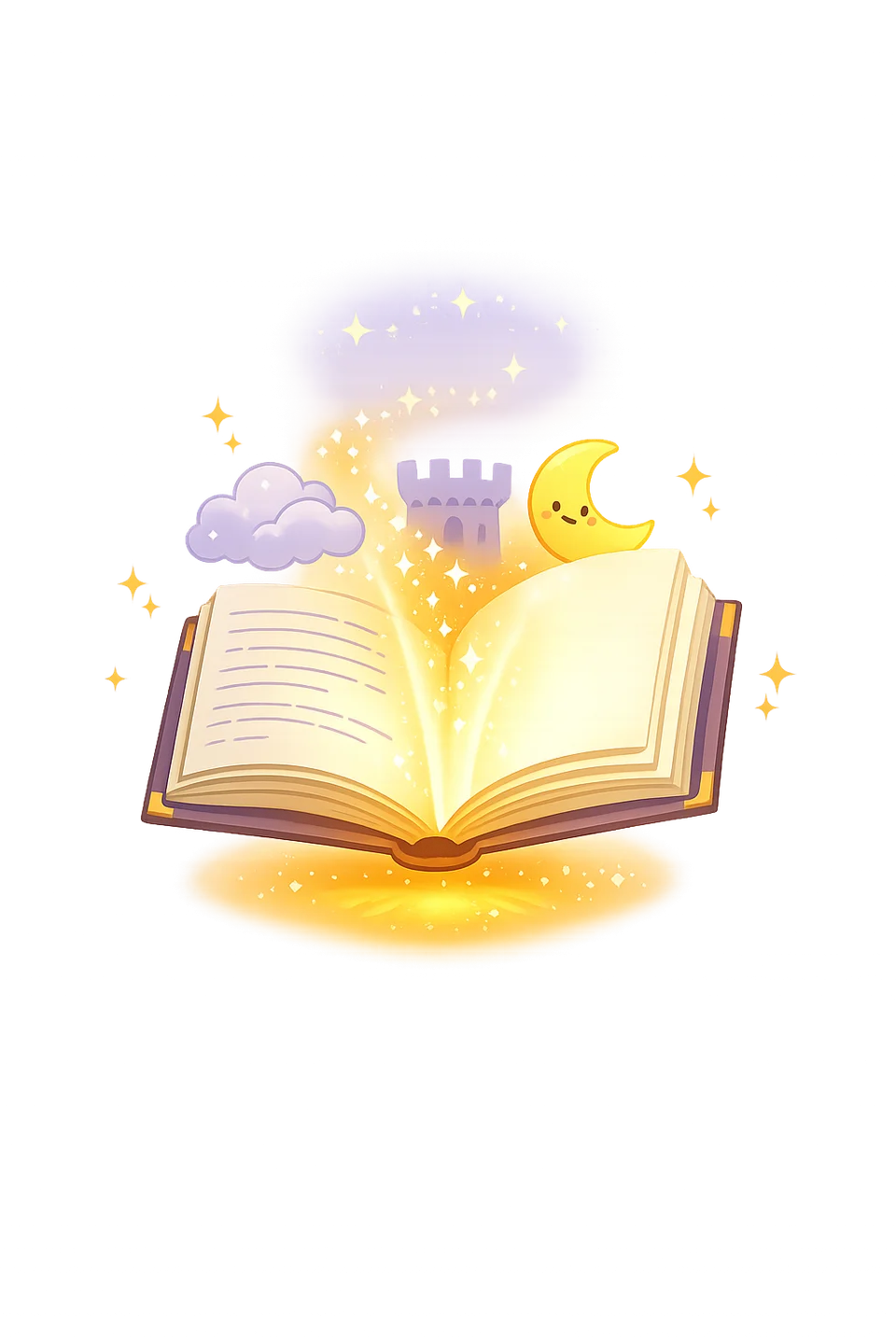 A glowing storybook with a moon, castle and clouds rising from its pages