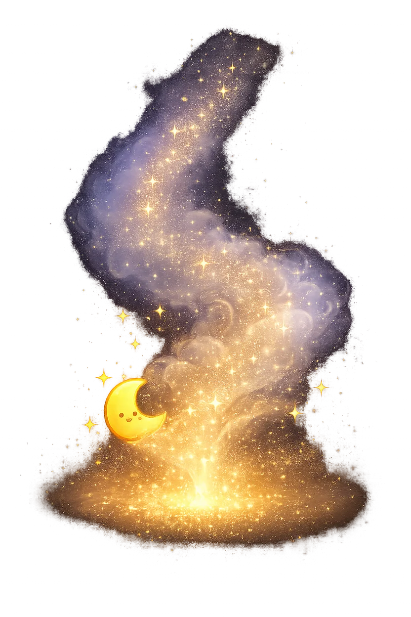 A swirl of golden moondust rising around a smiling crescent moon